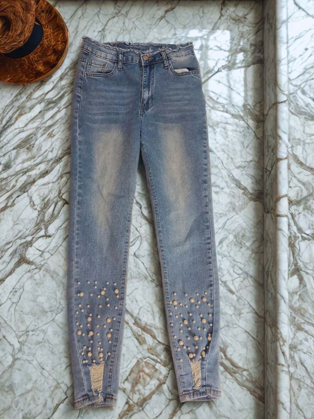 Pearl Embellished High Rise Jeggings | Raw Hem Waist | Distressed Skinny Jean